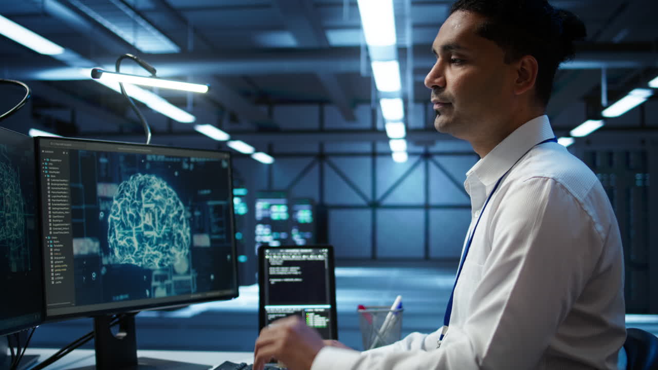 Teamworking colleagues inspect data center used for machine learning