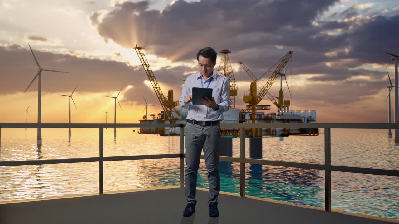 profesional de negocios que trabaja en plataformas petrolíferas y parques eólicos