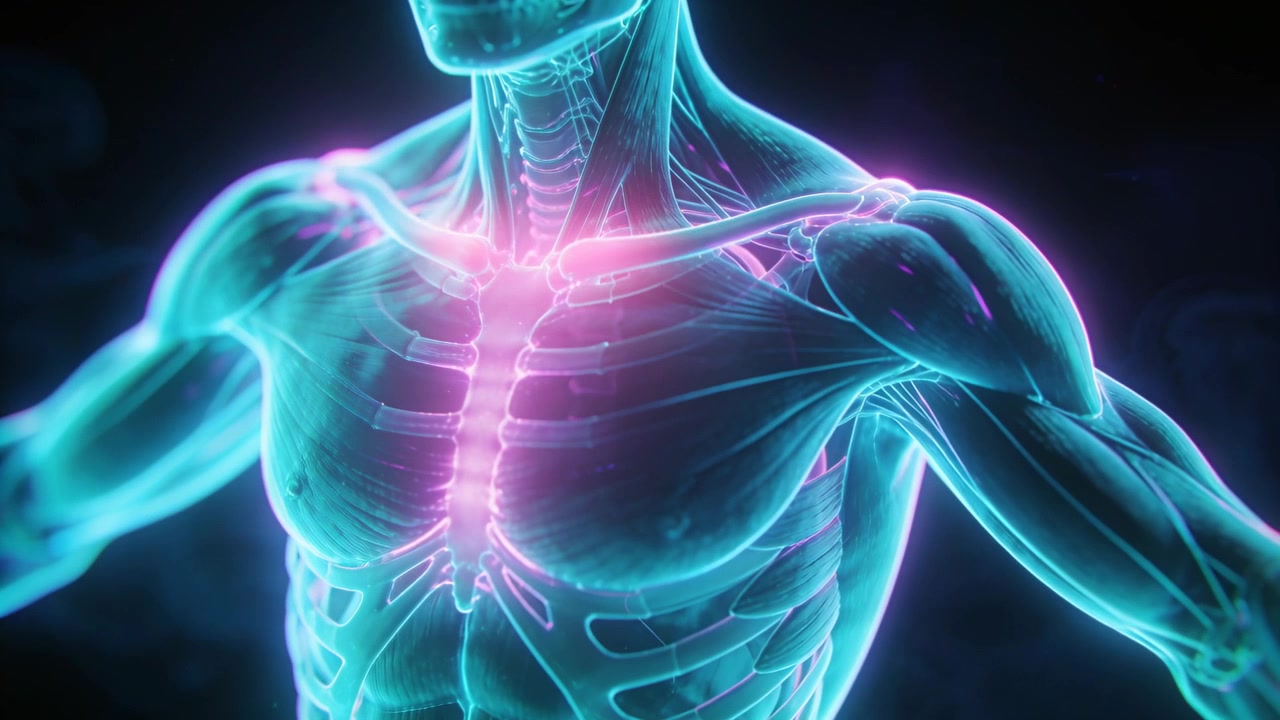 Avvio del rendering di un torso maschile che ruota e rivela il deltoide destro nel vuoto, con sterno e clavicole pulsanti.