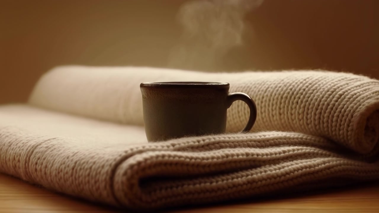Tazza fumante su una coperta piegata, la morbida luce mattutina avvolge la tazza di ceramica su un tavolo di legno, vapore visibile che sale.