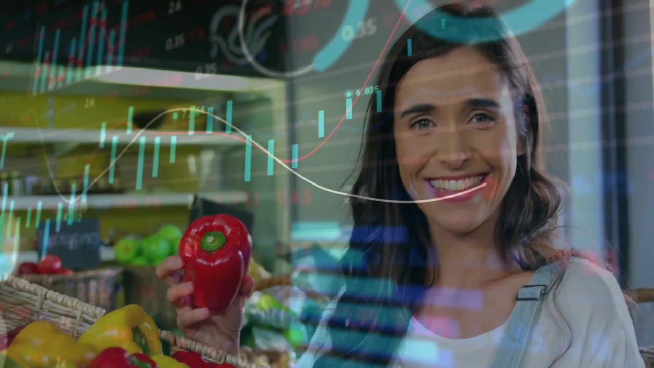 Mulher pegando pimentão vermelho em cesto, verificando a qualidade, o que reflete em gráficos financeiros de produtos.