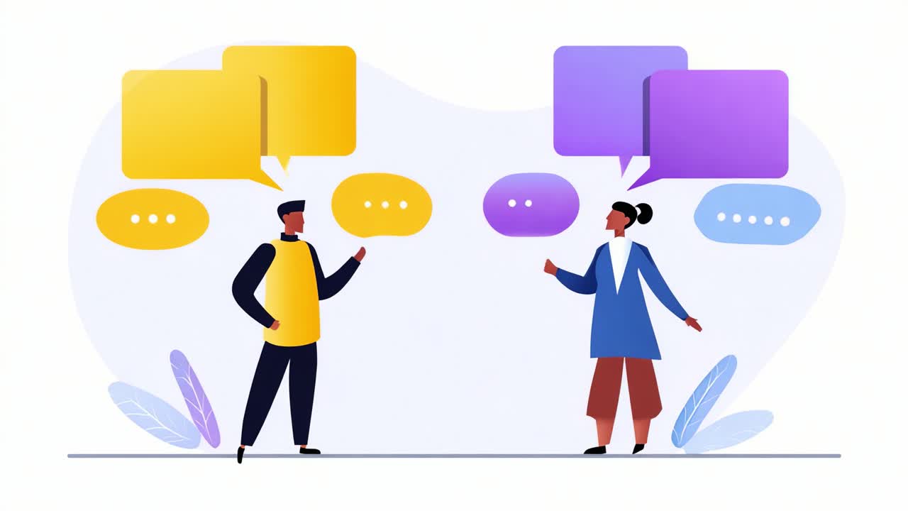 A vibrant illustration depicting two individuals engaging in a conversation, exchanging ideas through colorful speech bubbles, showcasing the dynamics of communication and interaction
