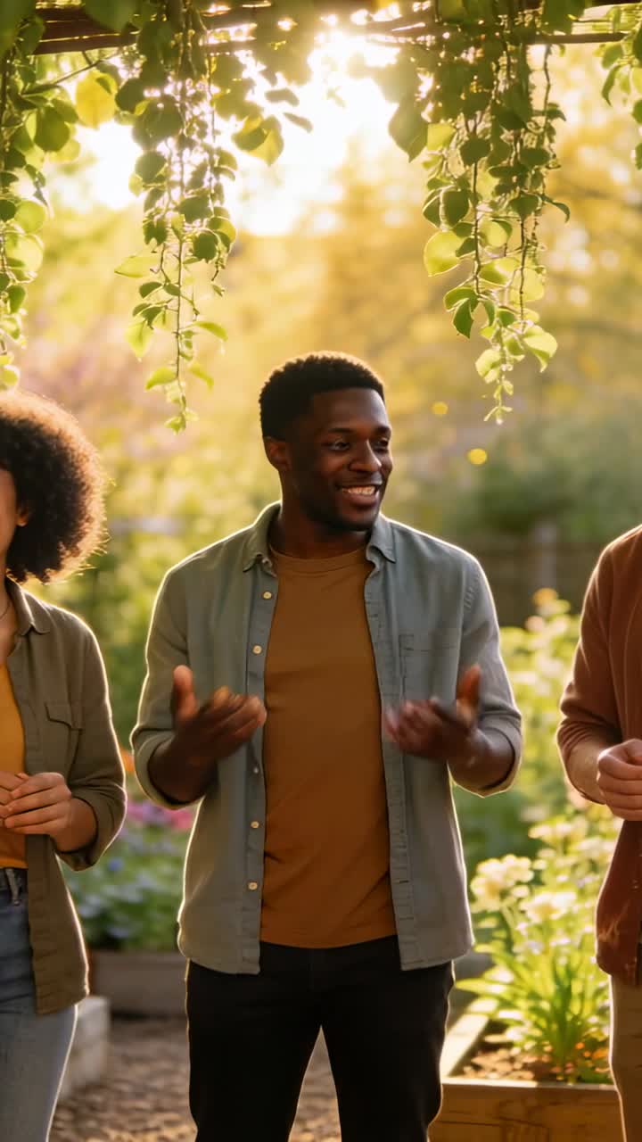 Happy Man Talking and Laughing with Friends in a Sunny Garden