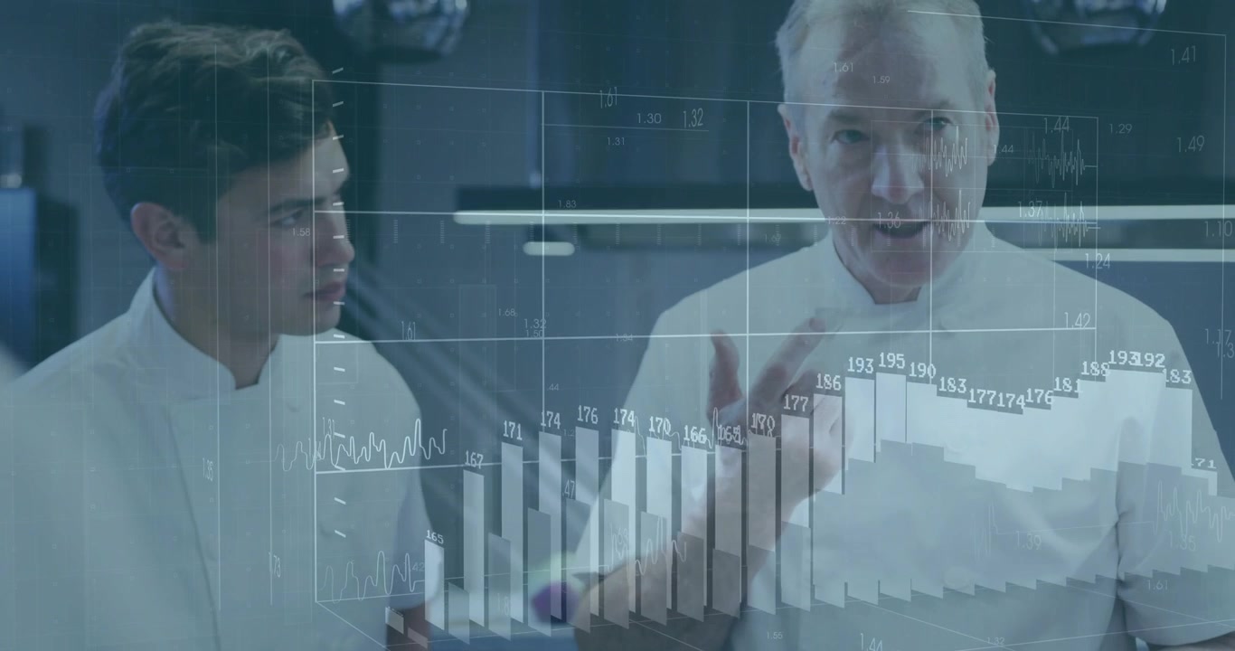 Senior chef tasting red ingredient while instructing junior chef, data overlay rising with 3D bars