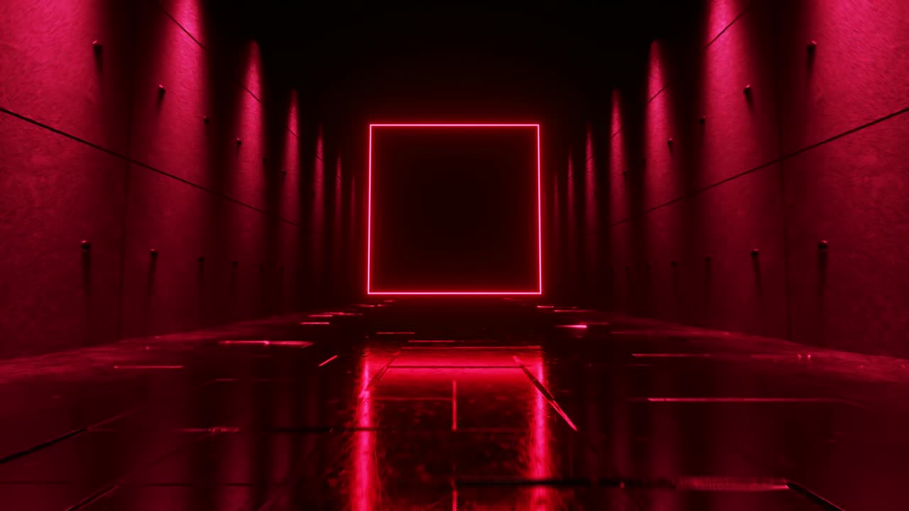 네온 조명과 함께 미래의 어두운 복도에서 끝없는 비행. 앞에 밝은 네온 광장.