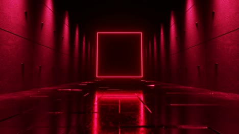 un vuelo sin fin en un corredor oscuro futurista con iluminación de neón. una brillante plaza de neón en el frente.