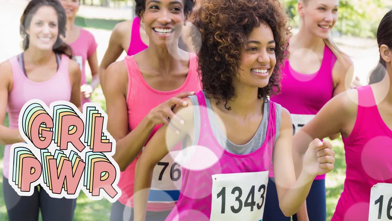 소녀 파워 텍스트의 애니메이션 다양한 그룹의 다양한 그룹의 웃는 여성