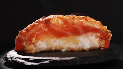 closeup of a delicious piece of grilled salmon sushi