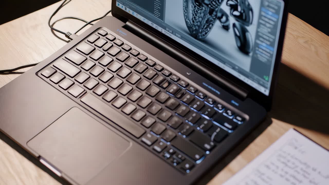 Close-up of a black laptop keyboard on a wooden desk