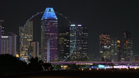 night downtown cityscape with illuminated high rise buildings featuring landmark singapore flyer captured at the rooftop park of marina barrage.