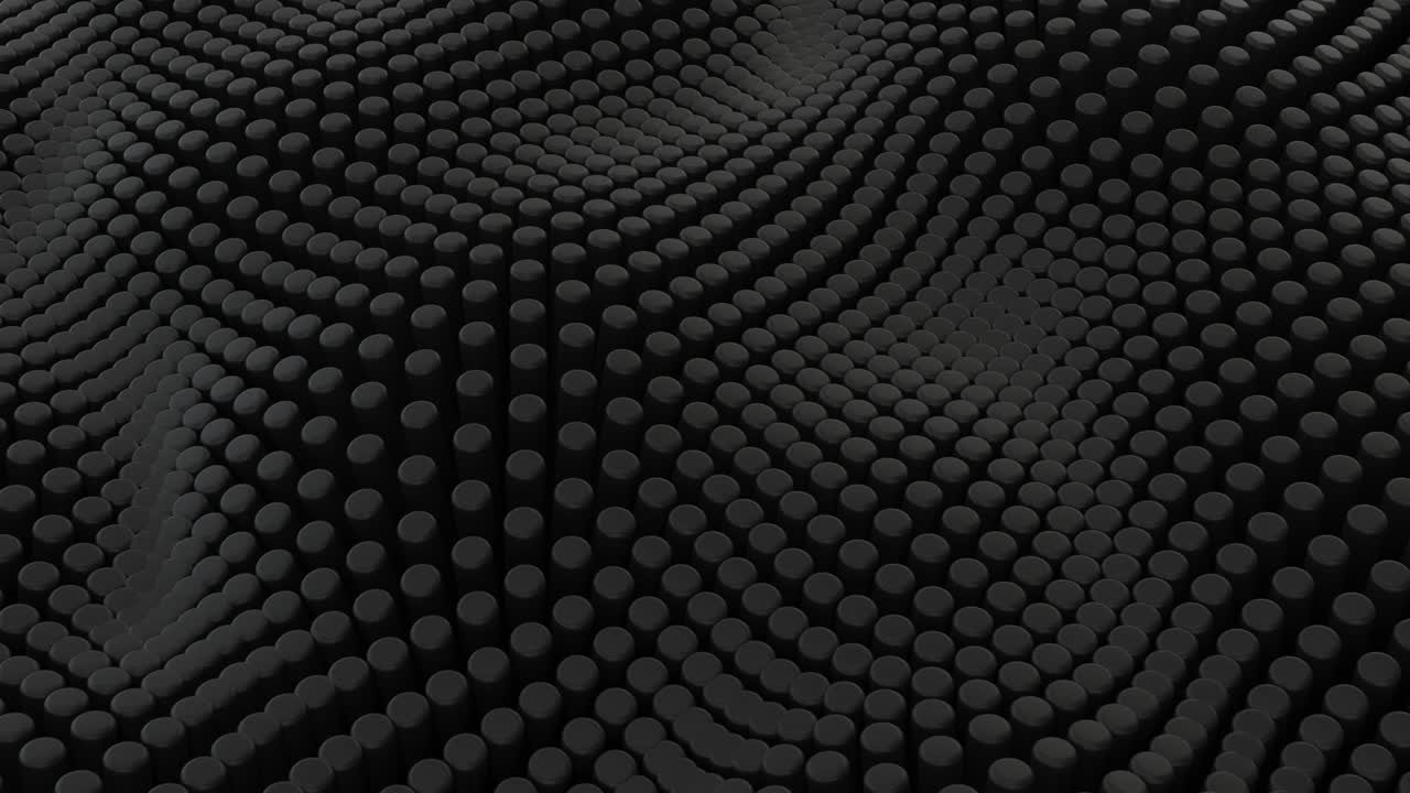 sfondo nero astratto con cilindri. piastrelle ceramiche rotonde. modello geometrico. celle casuali. superficie poligonale lucida. astrazione futuristica. animazione 3d a loop senza cuciture in 4k