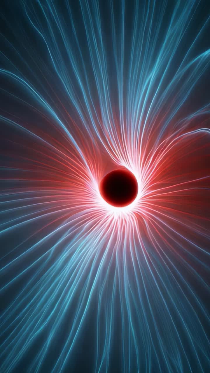 Una straordinaria rappresentazione visiva del flusso di energia: questa opera d'arte astratta raffigura il movimento dinamico di luce e colore attorno a una sfera nera centrale, creando un affascinante effetto cosmico