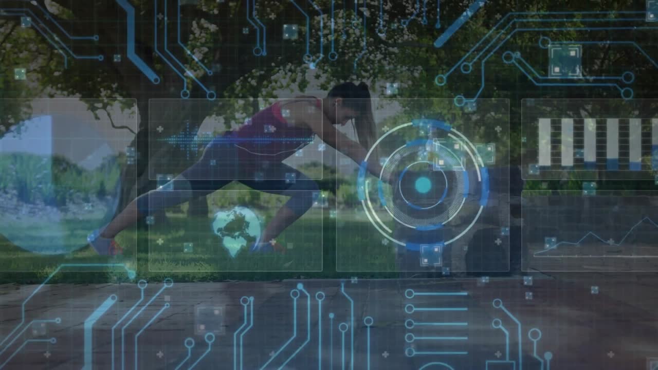 Woman bracing on stone executing lunges and knee drives for fitness, HUD graphics overlaying form