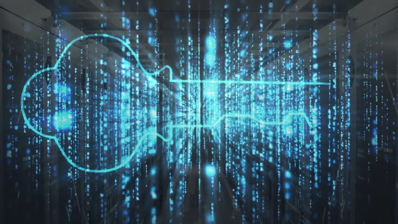 Digital guitar outline and binary code animation over server room background