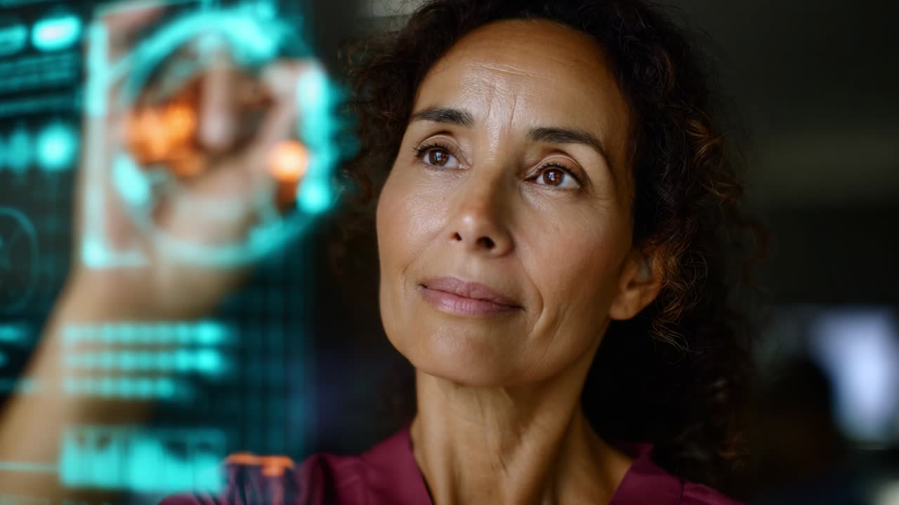 A woman intently interacts with a futuristic holographic interface, her expression focused and contemplative as she engages with advanced technology, exploring digital data and innovative solutions