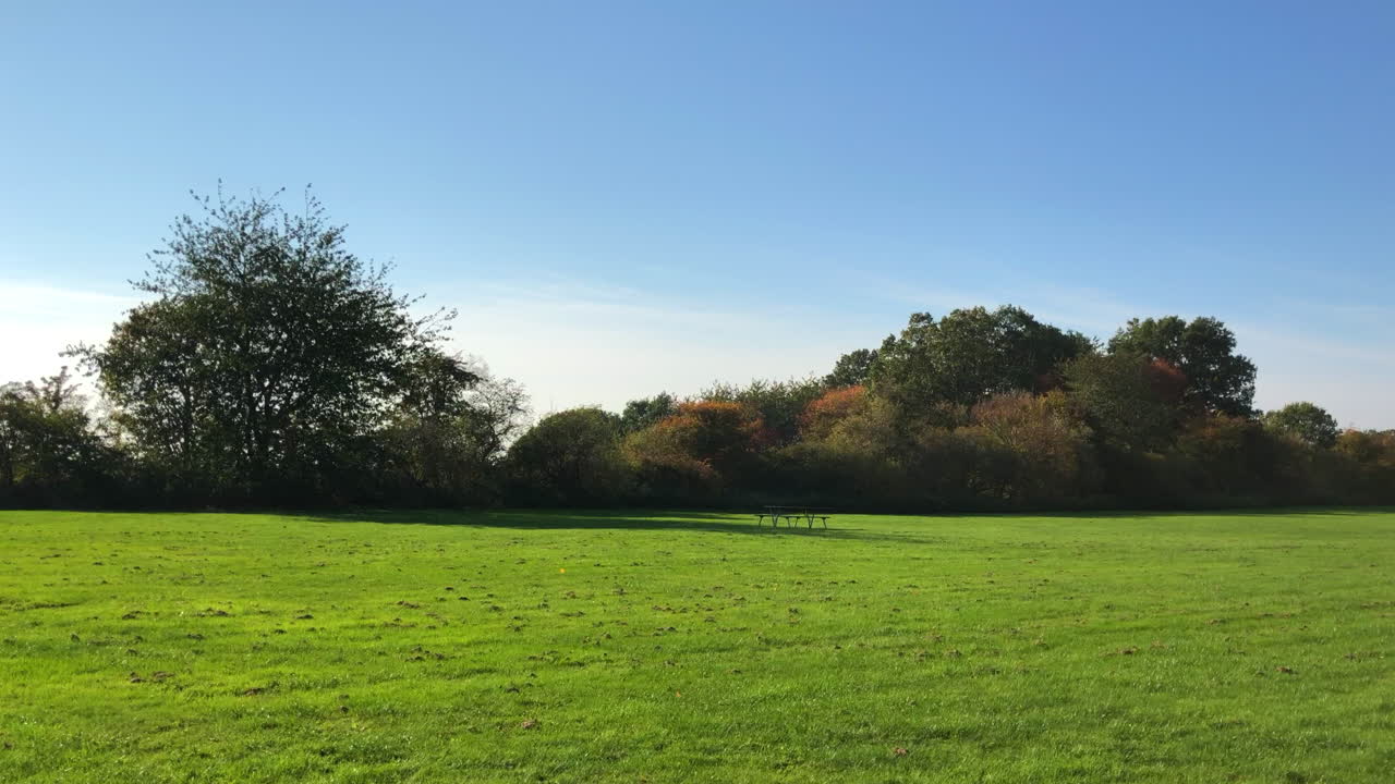 campo verde con banco de parque en un día sin nubes de otoño