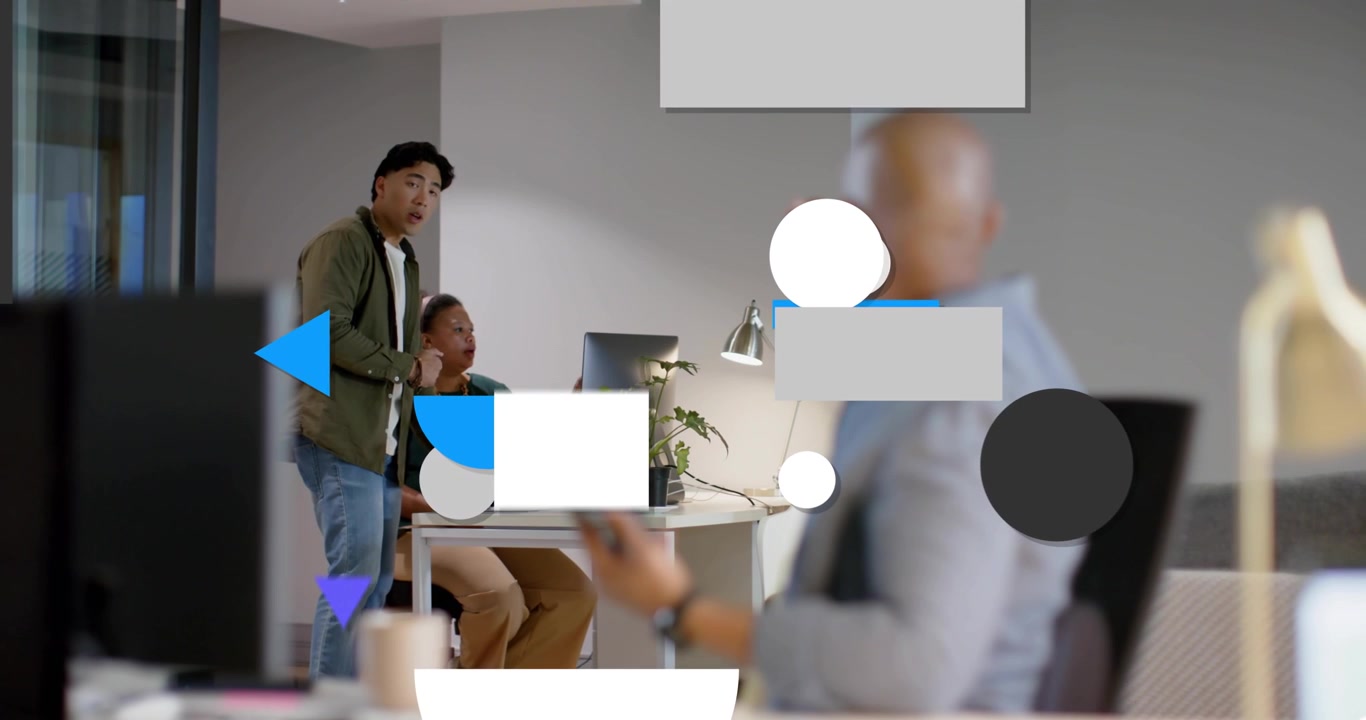 Office man with tablet turning and pointing as peer coming for help, shapes growing, covering view