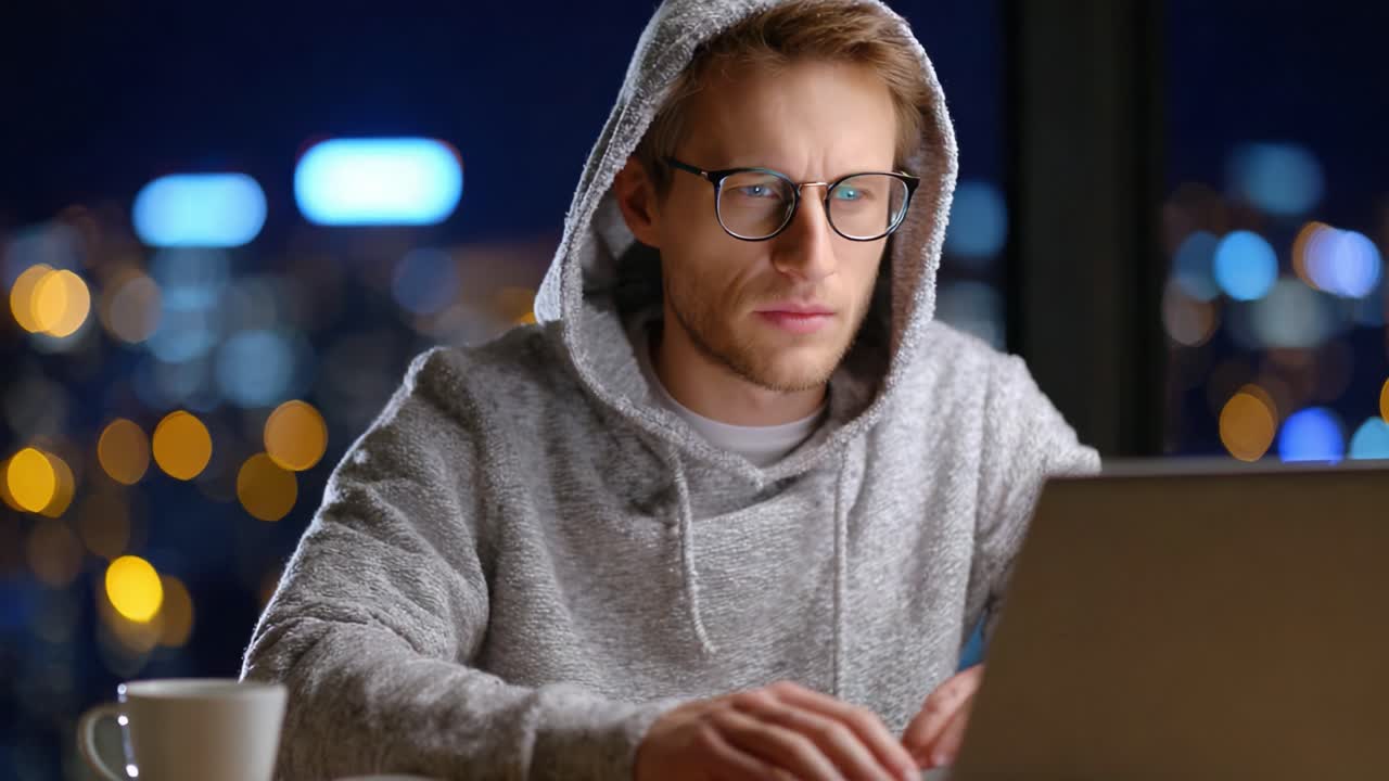 Focused Individual in Hoodie Working on Laptop at Night with City Lights in Background, Capturing the Essence of Modern Remote Work and Concentration