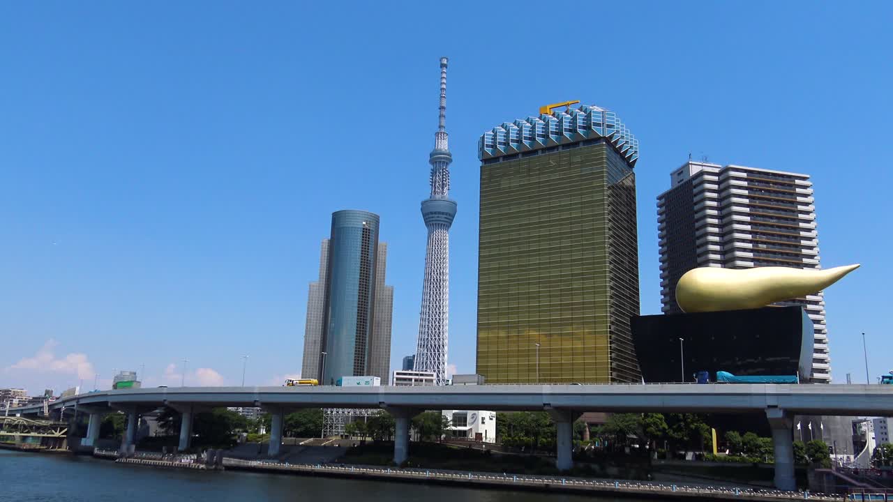 Tokyo cityscape featuring Skytree, Asahi Beer Hall, and Sumida River