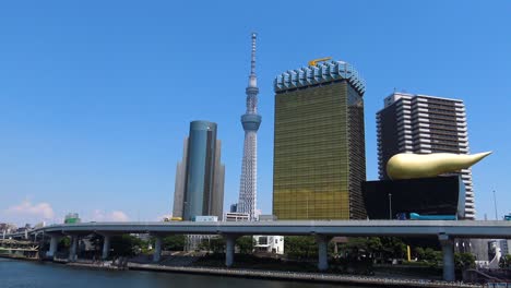tokyo cityscape featuring skytree, asahi beer hall, and sumida river