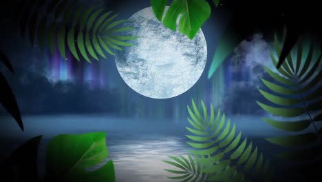 animación de luna llena y luces del norte en el cielo con hojas