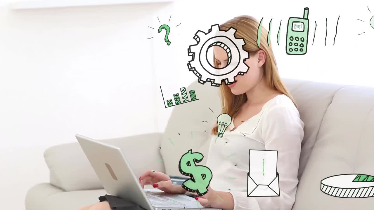 animazione di icone aziendali su donna caucasica che usa un portatile