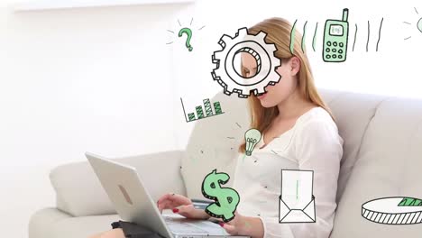 animation of business icons over caucasian woman using laptop