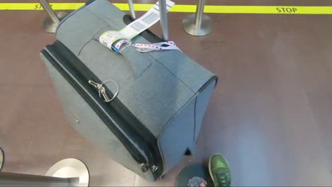 a passenger pushing the luggage on wheels at the airport baggage drop