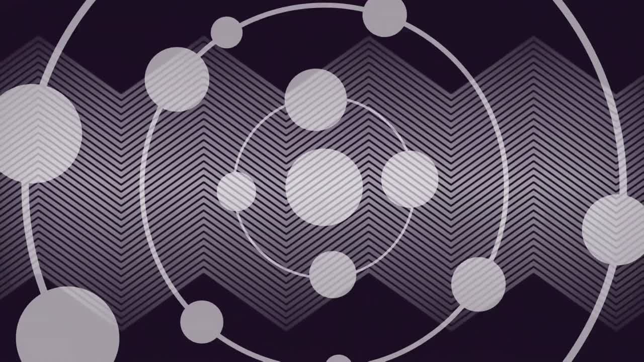 animación de anillos concéntricos de esferas sobre líneas cinéticas paralelas en zigzag grises que se mueven en negro