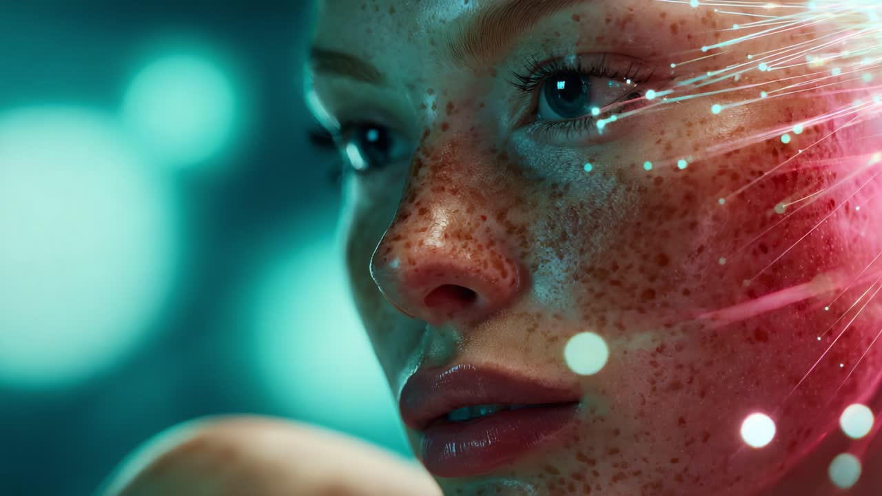 A close-up view showcasing a young woman with striking freckles and illuminated features, accentuated by dynamic light patterns, highlighting beauty and radiance in a modern aesthetic