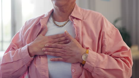 hands on chest, closeup and senior woman