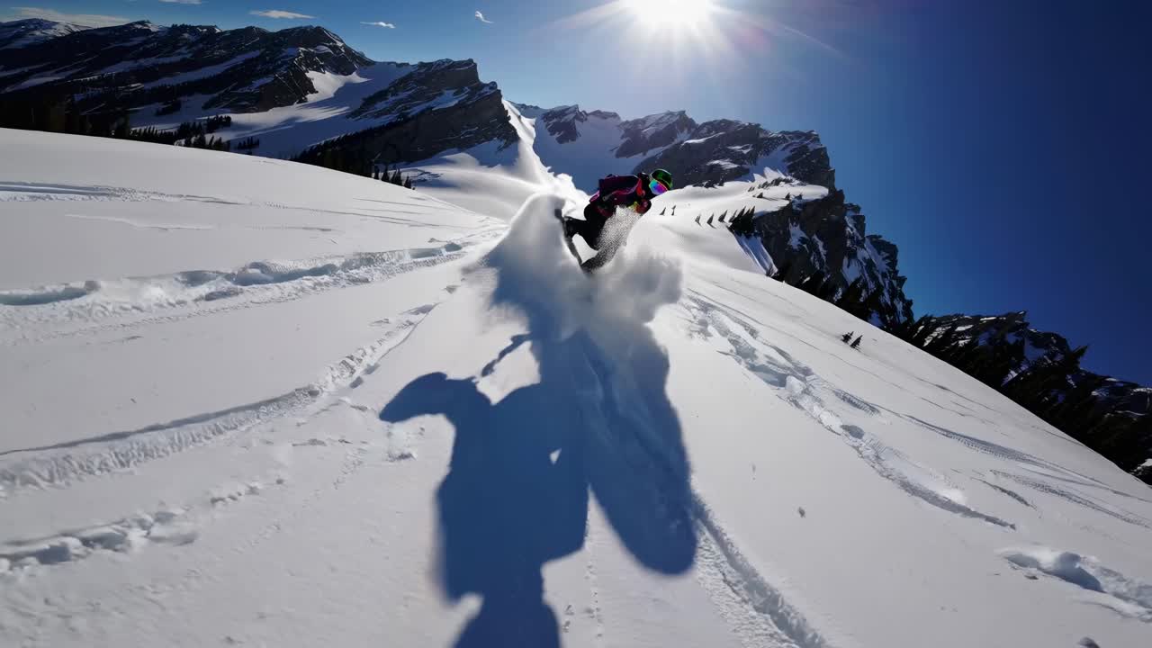 A snowboarder glides down a snowy mountain under a bright sun. Captured from a low-angle, this video