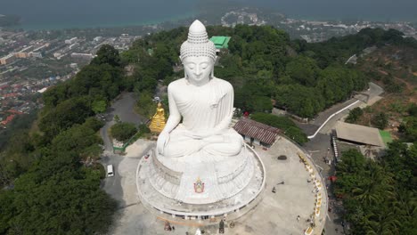 Aerial-view-from-drone-hovering-in-front-of-Big-Buddha-in-Phuket,-Thailand