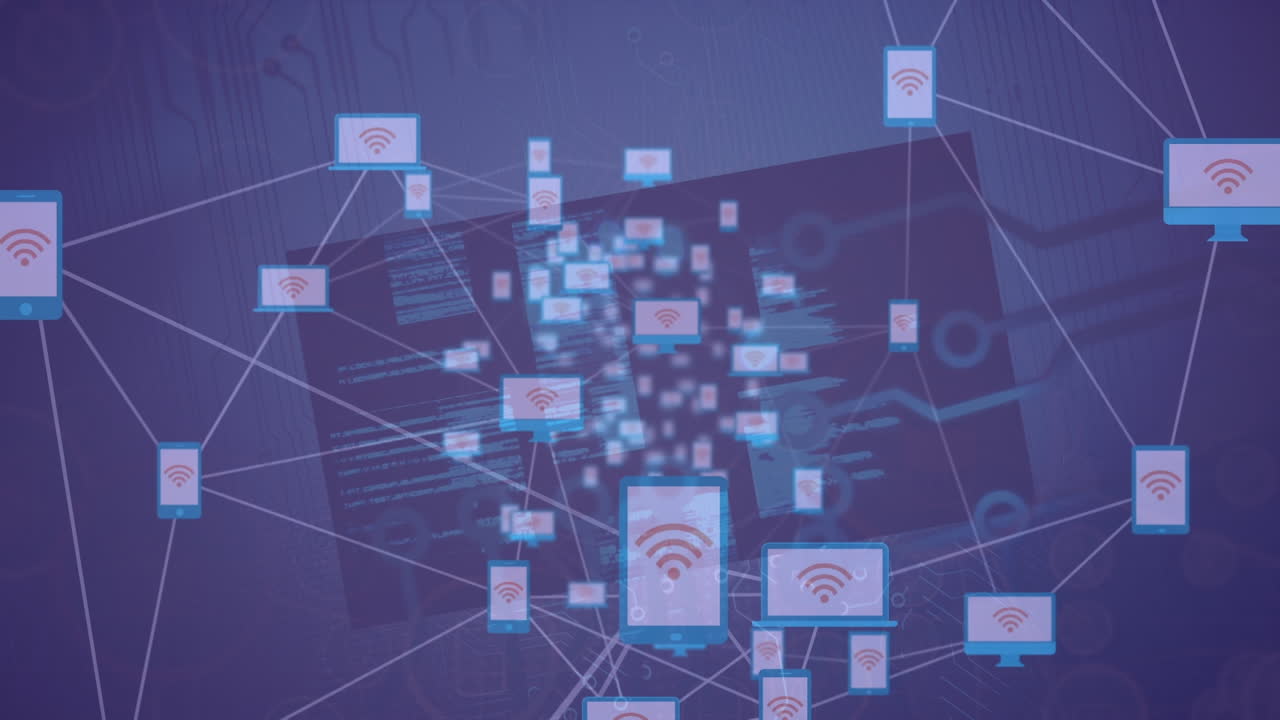 Animation of network of connections with icons over data processing