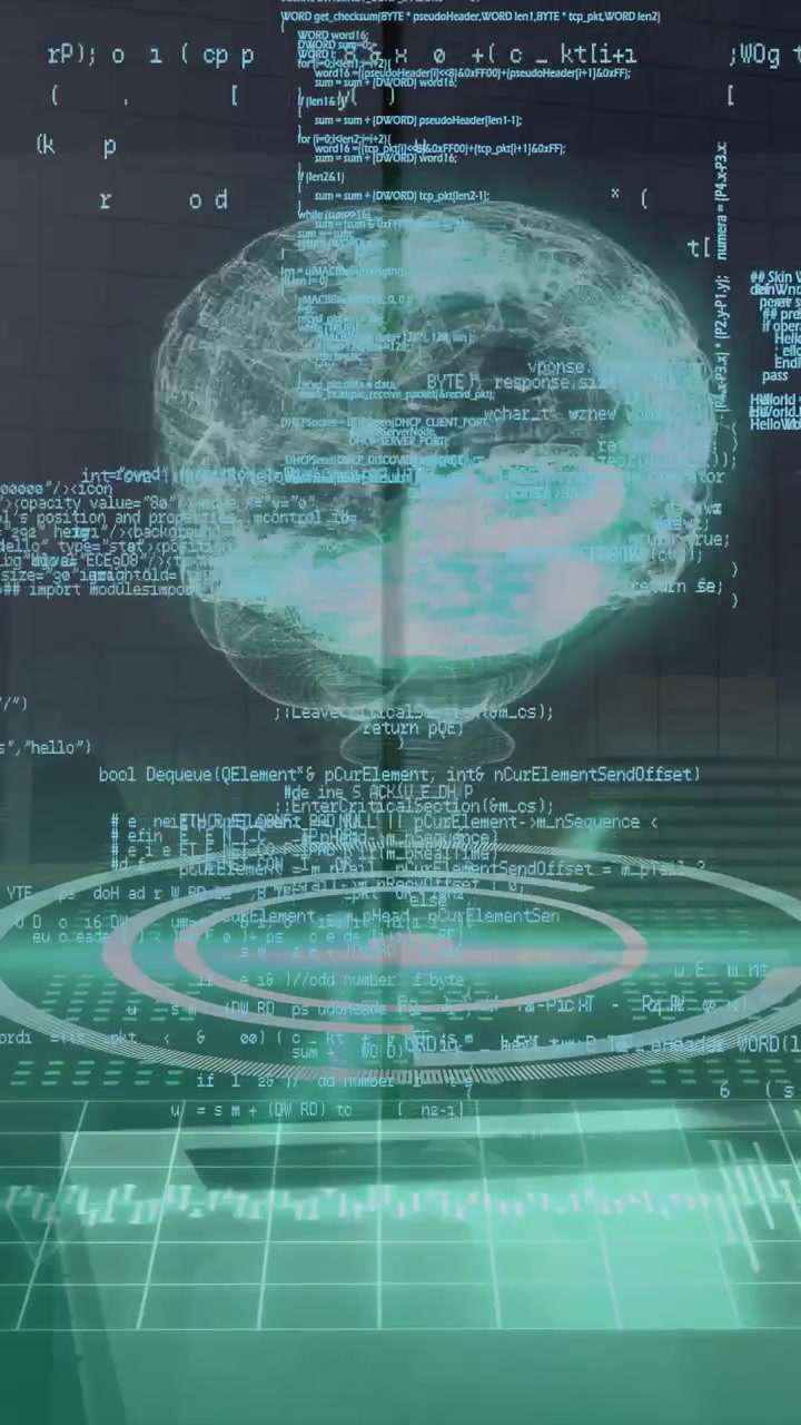 Vertical video: Scrolling code, holo brain forming on pad, turning, showing layers, dimming for lab