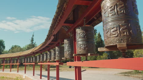 mesmerizing tracking shot of a buddhist prayer wheel on a sunny day