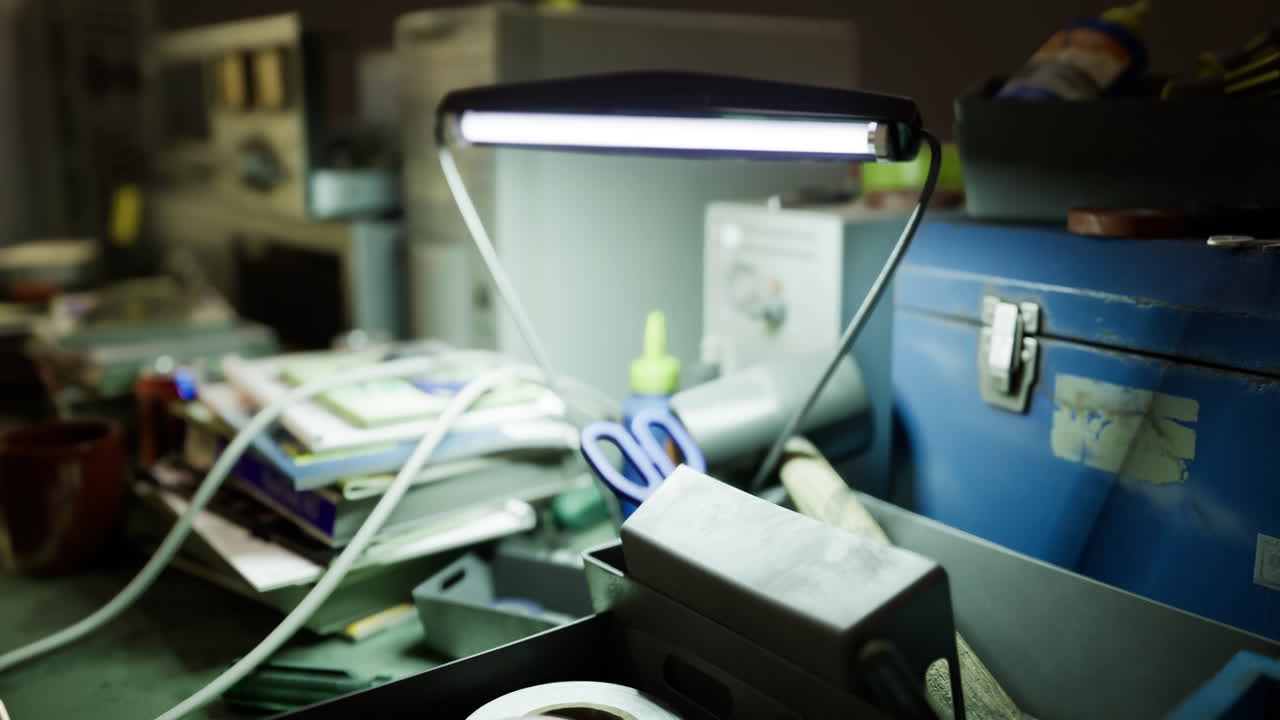Workspace cluttered with tools and a bright desk lamp illuminating the area