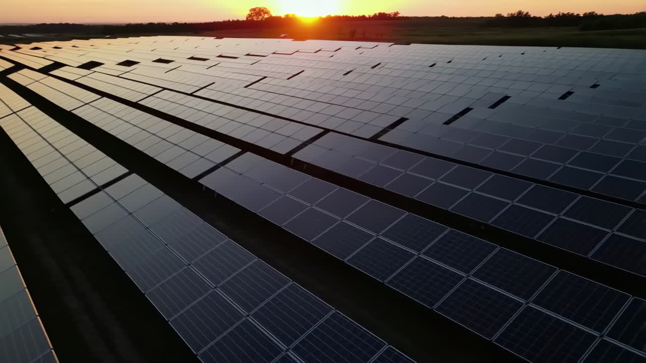 Aerial View of a Large Solar Panel Field at Sunset or Sunrise
