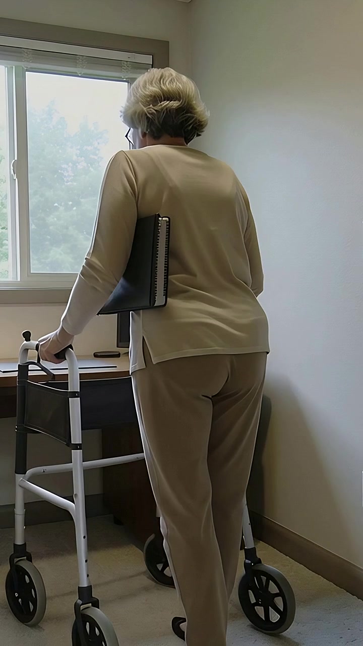 Vertical video: Entering senior in tan pushing walker to desk by window to steady herself with book