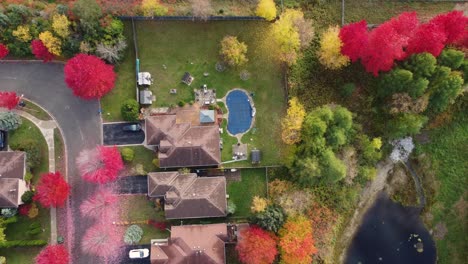 drone flying over city suburbs with private houses and colorful gardens on sunny day