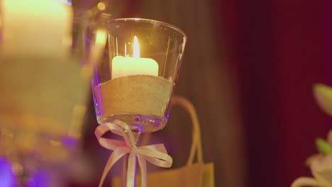 close-up of lit candles table decoration party