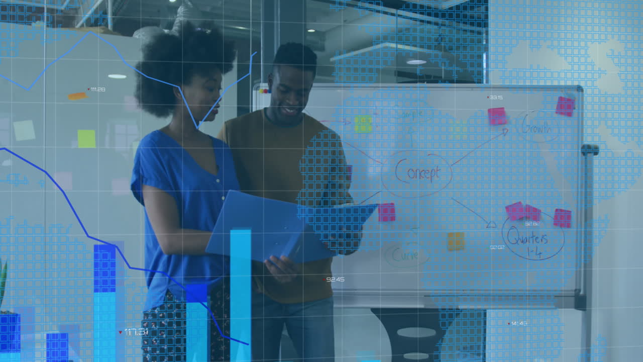 Animation of financial data processing over diverse business people