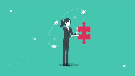 elegant businesswoman worker lifting puzzle pieces