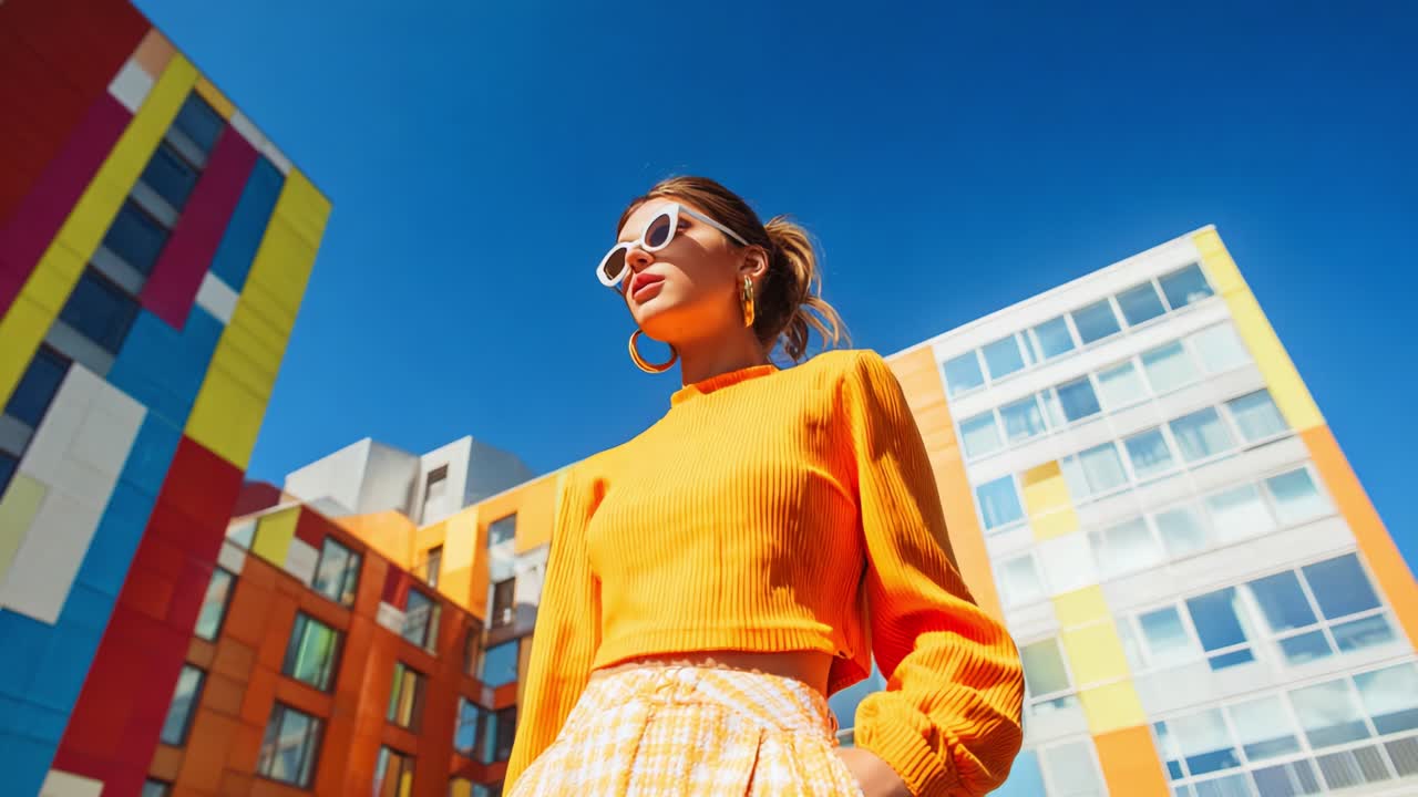 A young woman stands confidently against a vibrant, colorful urban backdrop, radiating style and positivity in her bright orange outfit and fashionable accessories under a clear blue sky