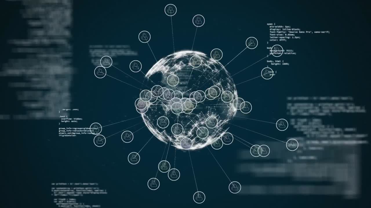Animation of network of connections with globe and data processing on blue background
