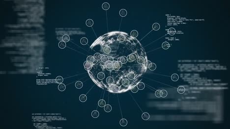 animation of network of connections with globe and data processing on blue background