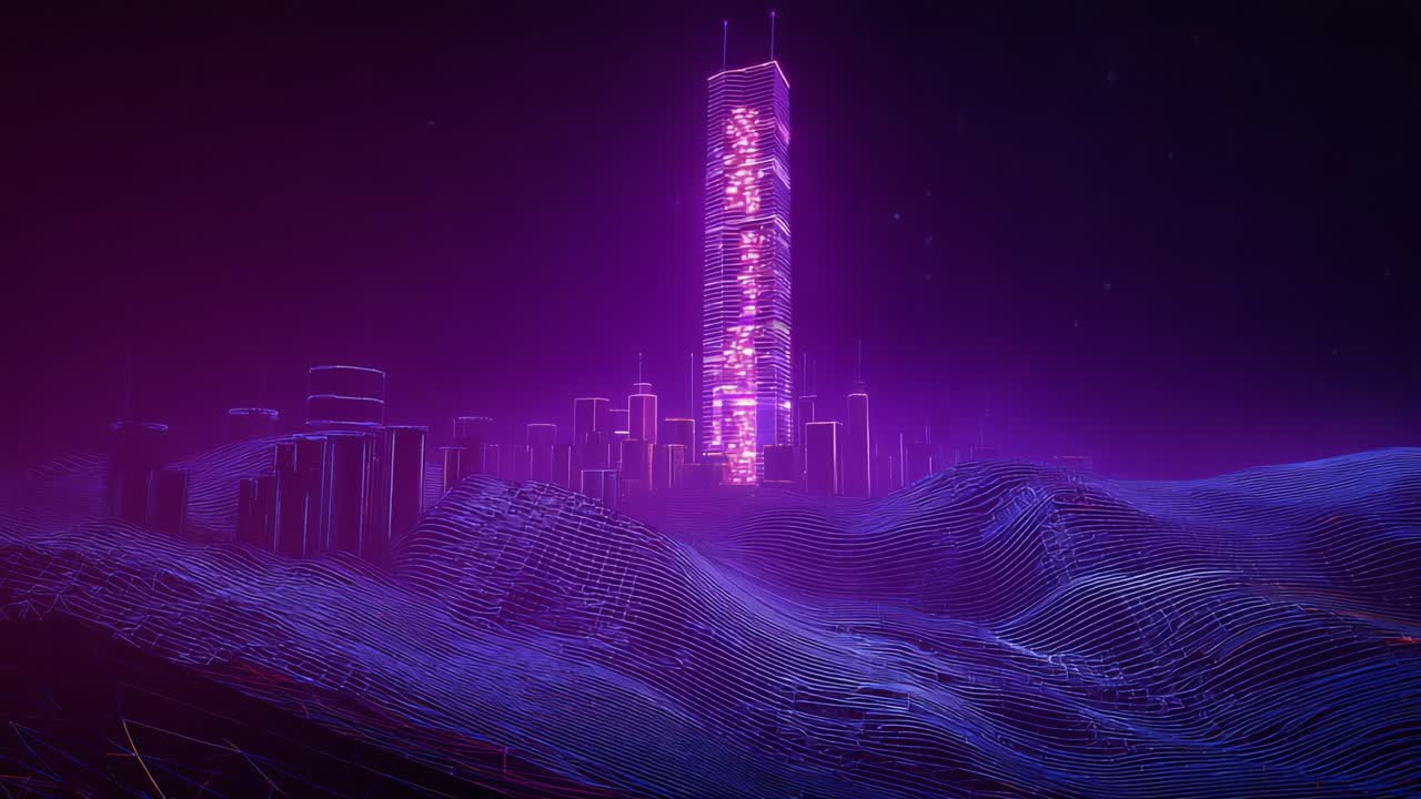 Abstract futuristic city with a glowing purple skyscraper standing over a wireframe digital landscape, representing concepts like metaverse, technology, big data, and virtual reality