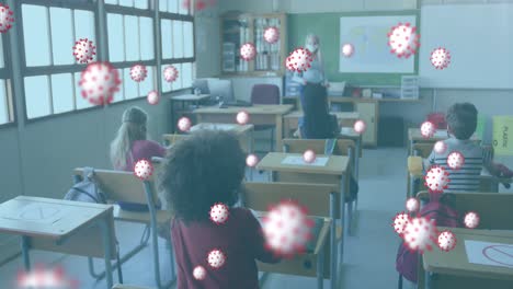 multiple covid 19 cells floating against female teacher wearing face mask teaching at school