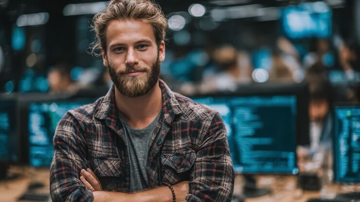 Confident Individual with a Beard Smiling in a Modern Tech Environment Surrounded by Computer Screens Displaying Data and Code