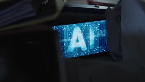 folders and papers scattered on a desk, with an ai display in the center